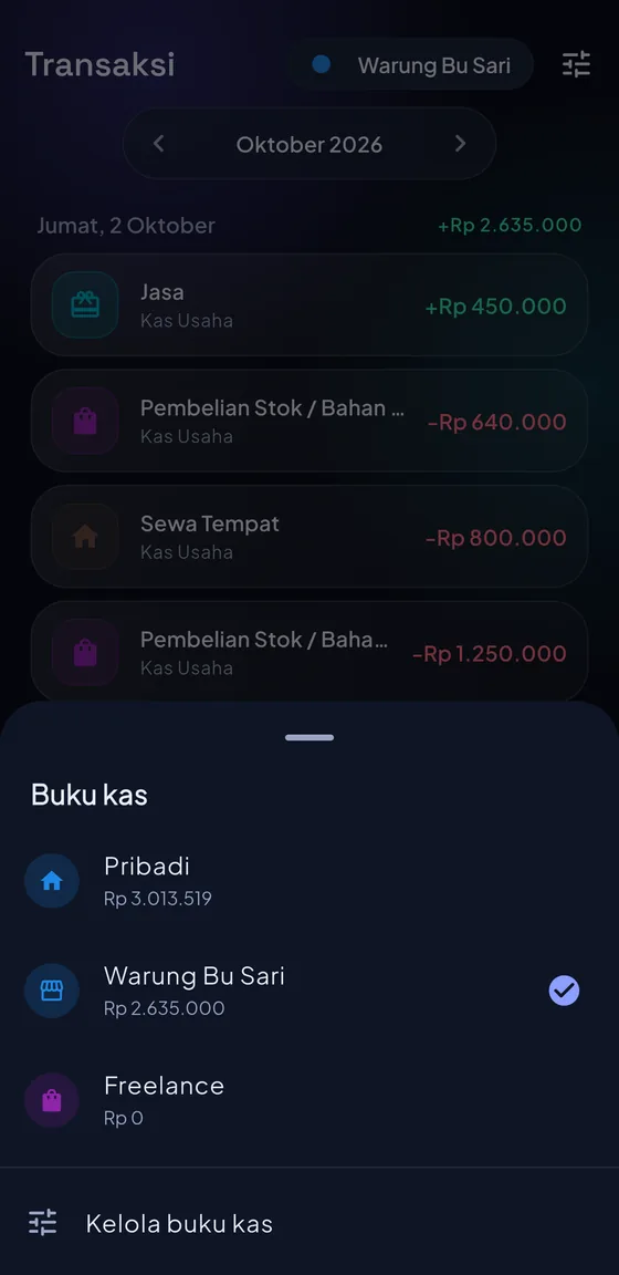 Pengalih buku kas: Pribadi, Warung Bu Sari, dan Freelance dengan saldo masing-masing